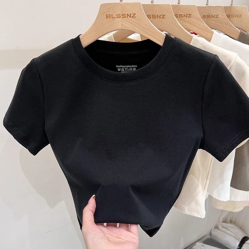 Casual Black White Fashion Crop Top T Shirt Solid Basic Short Sleeve Womens Tshirt Ladies Korean Tee Streetwear 250506