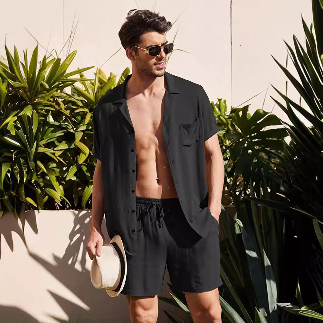 Men's Short Sleeved Set For Summer, Loose Fitting Designer, Casual Cotton And Linen Shirt, Fashionable Short Sleeved