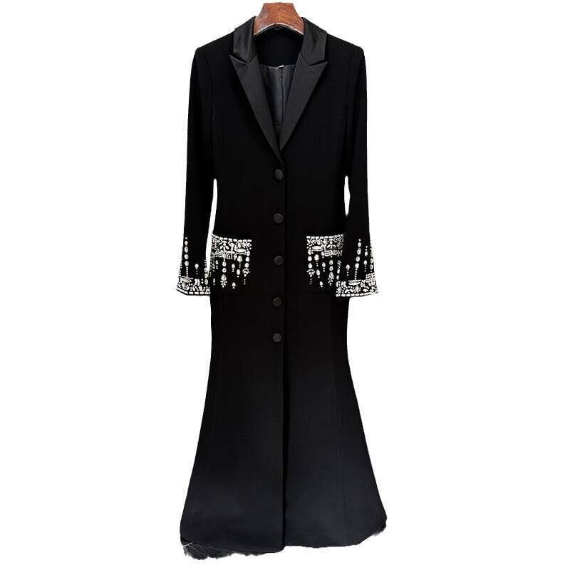 2025 Celebrity Fashion Heavy Industry Nail Bead Diamond Set Suit Collar Tail Long Dress