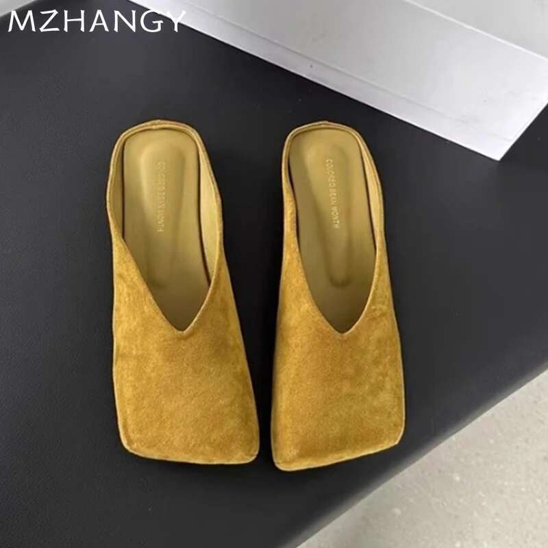Women Suede Flats Mules Shoes Square Toe Slingback Slippers Casual Sandals 2025 Trend Summer Dress Flip Flops Cozy Mujer Slides