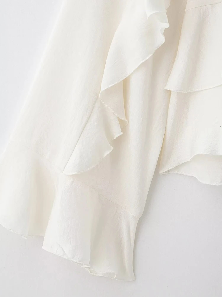 TRZA Womens Long Sleeve Ruffled Blouse Stand Collar Chic Fashion Top Elegant Female Shirt 250515