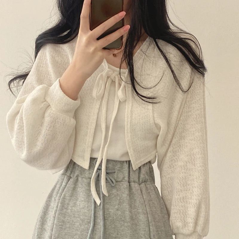 XBBA White Sweet Kawaii Women Cardigan Summer Thin Fashion All Match Shirt Korean Casual Loose Female Lace Up Top 250514