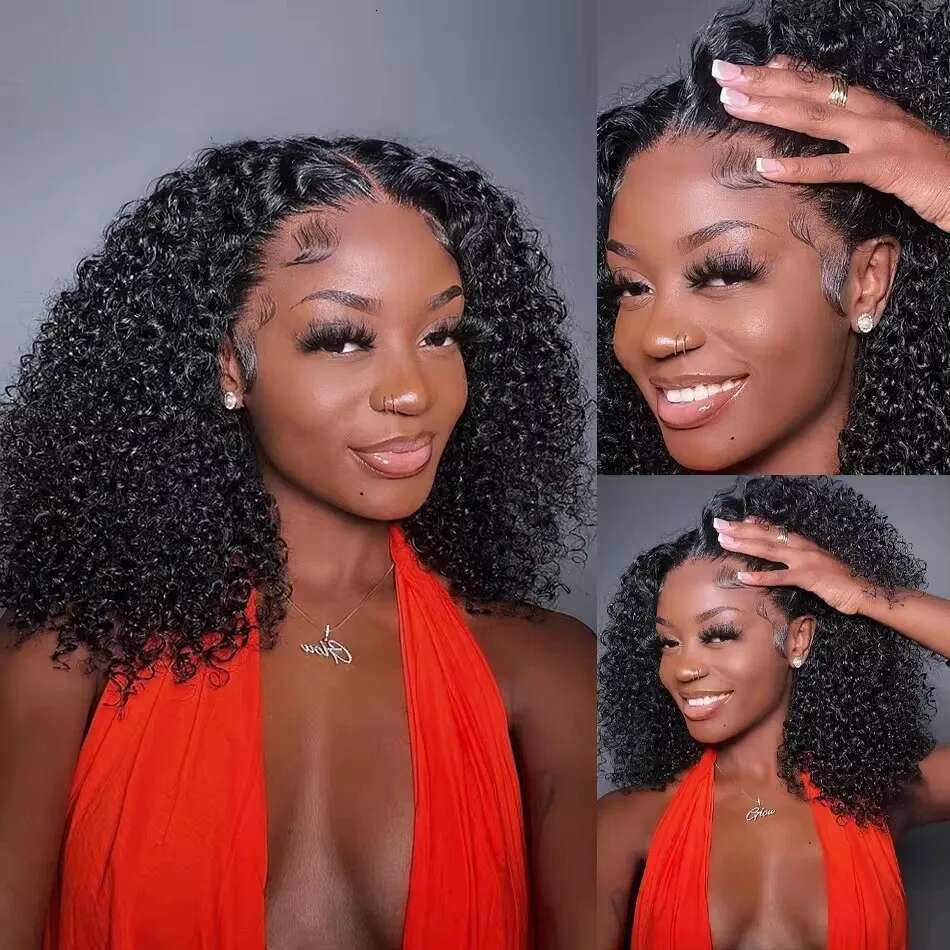 Natural Black Color Short Bob Cut 13X4 Lace Frontal Synthetic Wig For Women Deep Curly Preplucked With Baby Hair Cosplay Daily