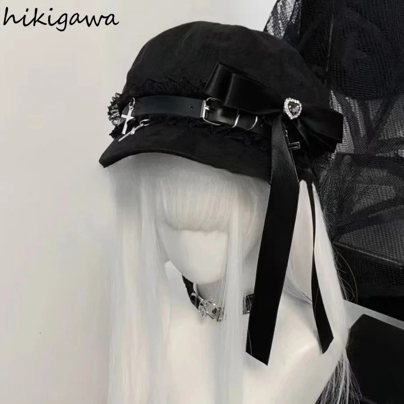 Women Harajuku Gothic Lolita Beret Hat Cap Y2K Girl Bow Punk Patchwork Lace Handmake Decorative Sun Hats 2025 Gorras Para Mujer 250514