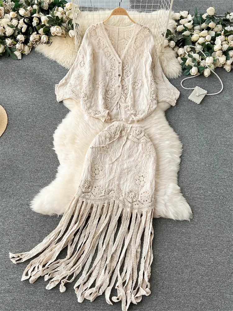 SINGREINY Bohemian Style Women Loose Suits Hook Flower Hollow Out Bat Sleeve ShirtTassels Drawstring Bodycon Skirt Spring Sets 250515