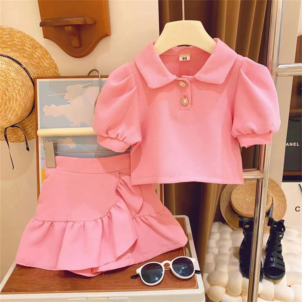 Humor Bear Summer Puff Sleeved Short Sleeved ShirtShort Skirt 2Pcs Kid Clothes Children Girl Suit For 2-6 Years 250515