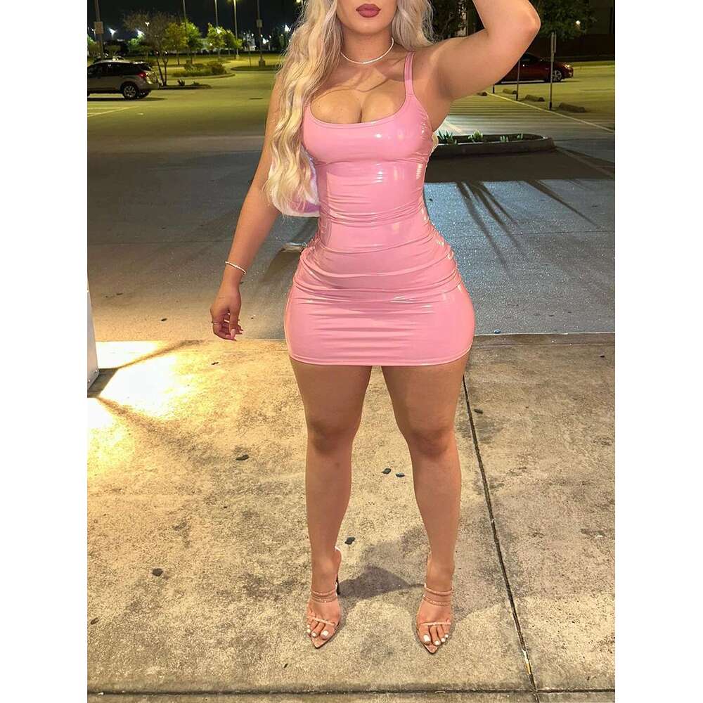 Women Sexy PU Leather Party Night Club Elegant Slip Sleeveless Bodycon Mini Dress Ladies Summer Short Dresses