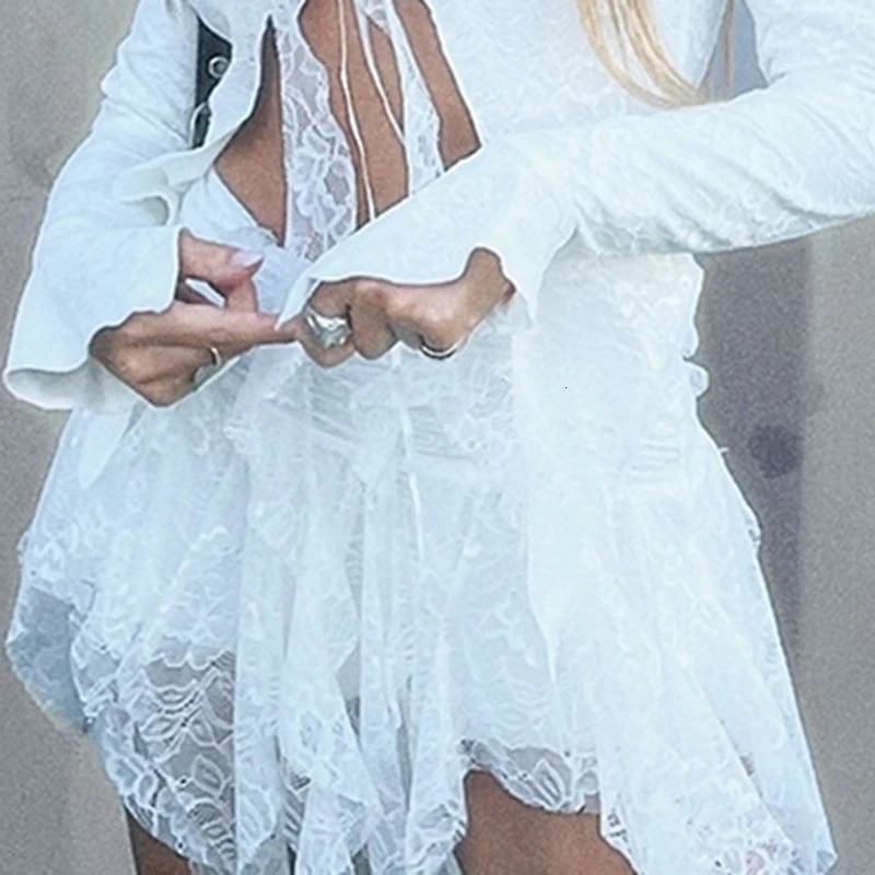 CIBBAR White Lace Ruffles Mini Skirt Vintage Elegant Low Rise Patchwork Irregular Short Skirts for Women y2k Fairycore Clothing 250515