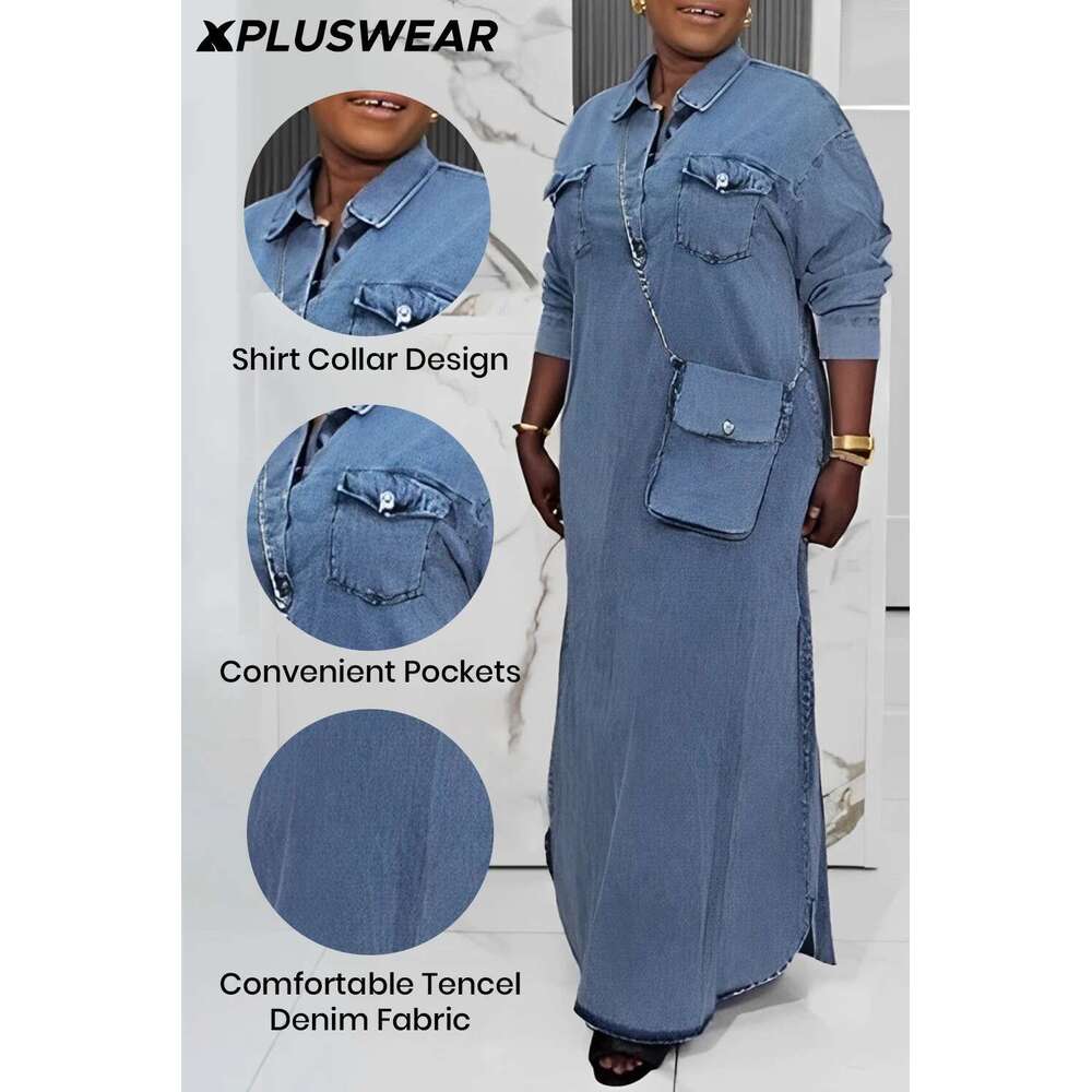 Plus Size Daily Light Blue Shirt Collar Long Sleeve Button Pocket Tencel Denim Maxi Dresses 2025 Women