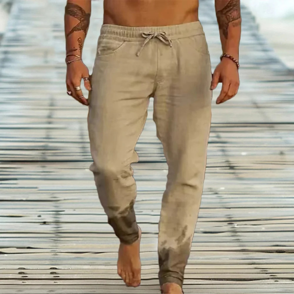 Mens Cotton Linen Casual Sweatpants Beach Pants Joggers Solid Drawstring Elastic Waist Male Vacation Loose Straight 250515