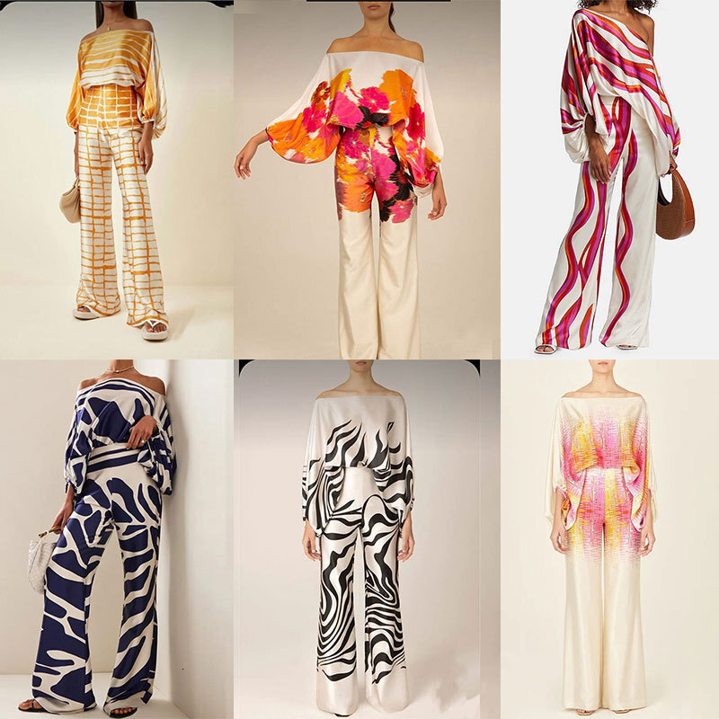 2025 Spring New Collection Womens Printed Round Neck Loose Bat Sleeve Waist Wide Leg Pants Fashion Set