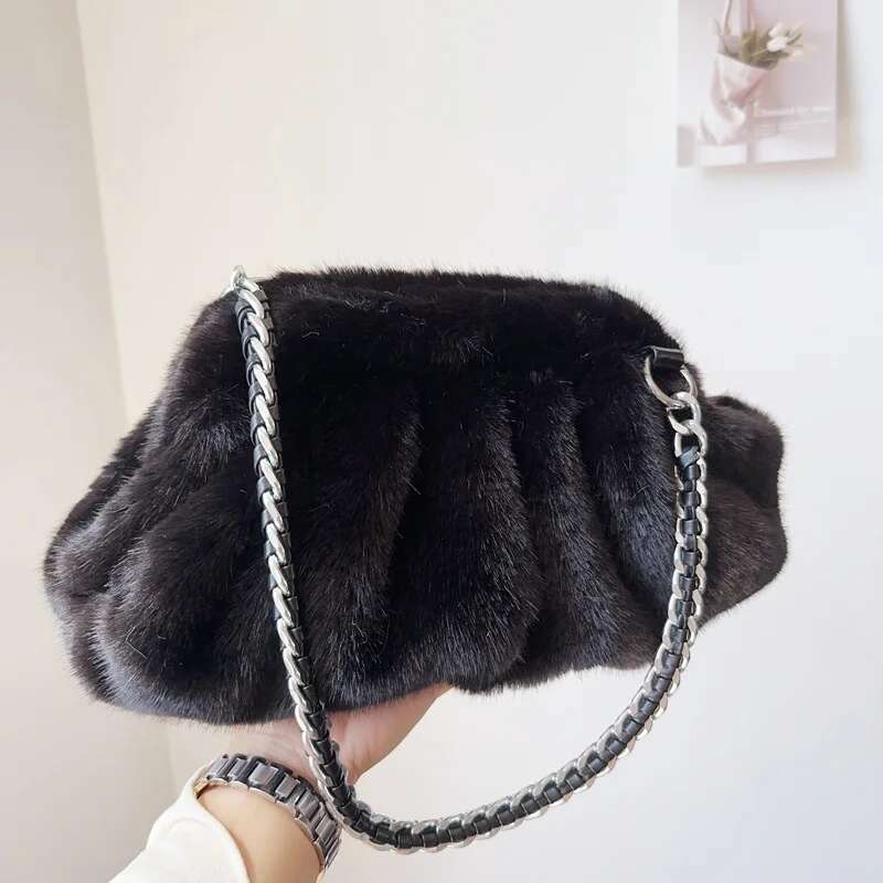 MOODS Pleated Design Faux Fur Shouldrt For Women 2024 Designer Purses And Handbags Winter Warm Soft Plush Hobo Bags