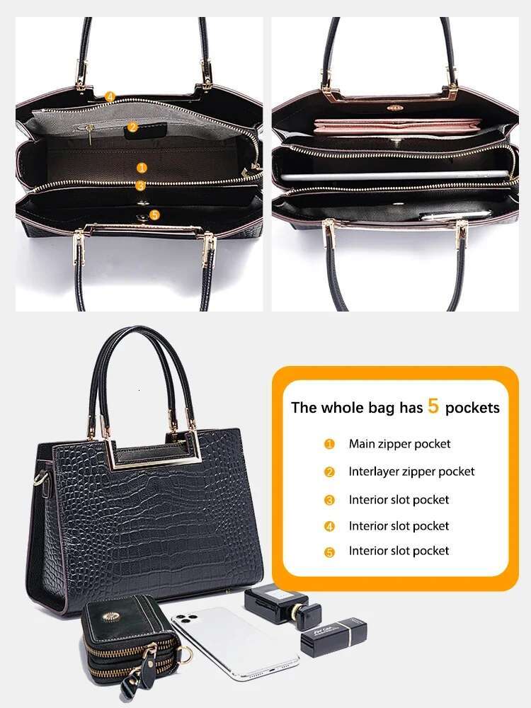 Zency Women Genuine Leather Handbag Black Crocodile Pattern Designer Top Handle Large Capacity Shoulder Crossbody Satchel Purse