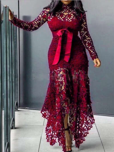 2025 new women's hollowed out long sleeved stand collar lace up 5-color irregular dress