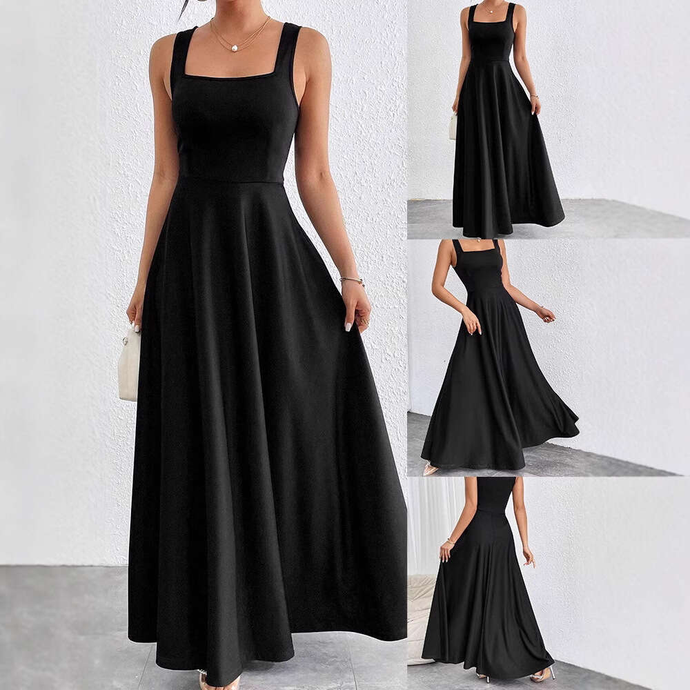White Dress Maxi Dress Ladies' Summer New Square Neck Sleeveless Top Solid Color Ultra Long Jumpsuit With Loose Waist, Elegant In All Seasons KQ