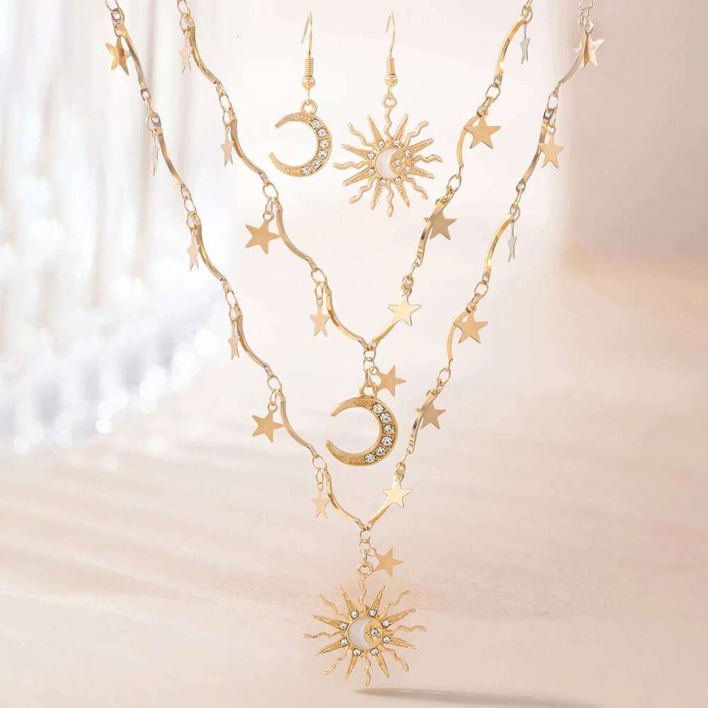 Vintage Creative Sun Moon Pendant Asymmetric Earring Stacked Necklace Stars Choker Women's Daily Dating Wedding Jewelry Set Gift
