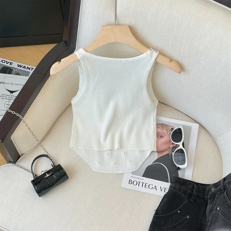 2024 Knitted Tank Top White Crew Neck Sleeveless For Summer Womens Clothing Crop Camis 250506