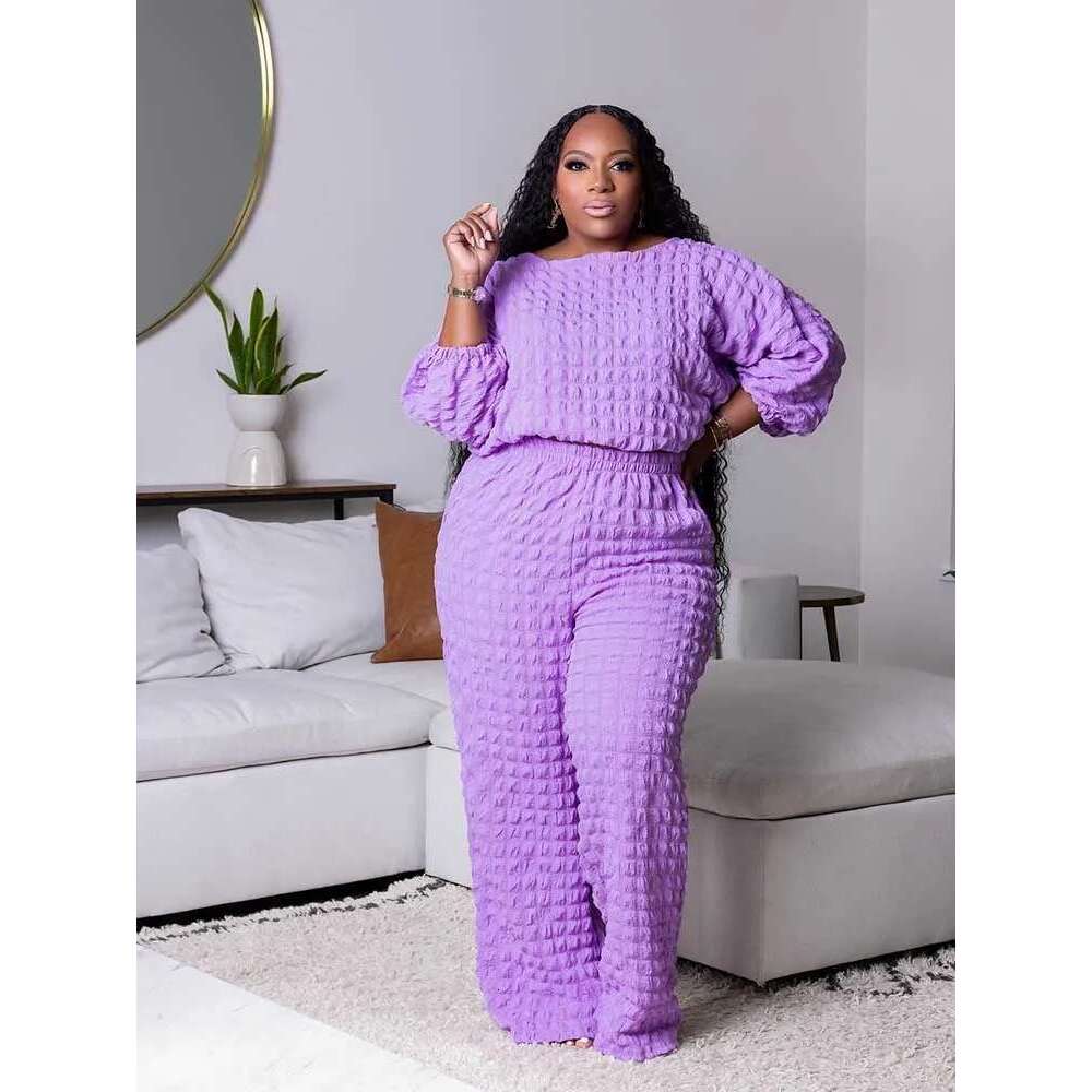 Curvy Plus Size Woman Clothing Fall Winter Long Sleeve 2 Piece Outfit Set Bubble Waffle Pleated Top and Pants Sets Elegant Suit
