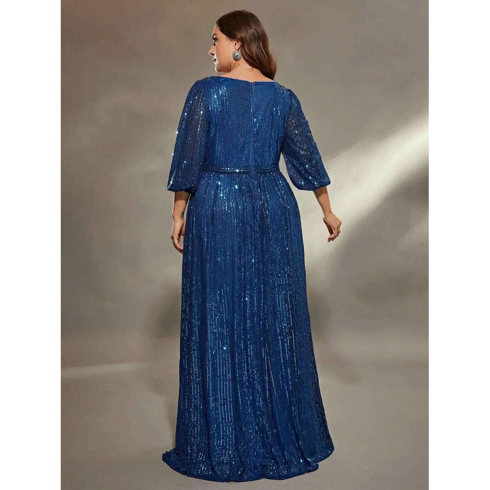Mgiacy plus size V-neck bust pleated mid-long sleeve A-frame sequin long Evening gown PROM Party dress