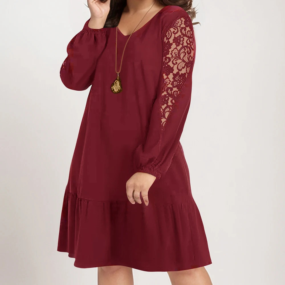 Plus Size Party Dresses 2025 Womens Big Size Fashion Loose Casual V-Neck Dress Polyester Lace Sleeve Polyester Material 250509