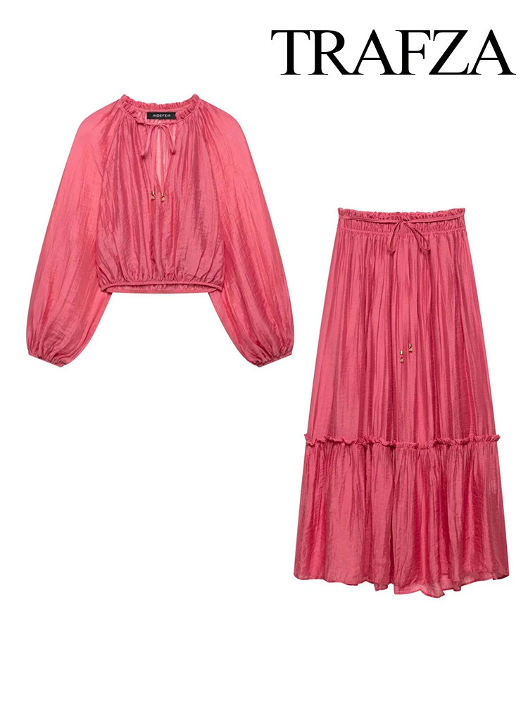 TRAFZA Womens Summer Skirt 2Piece Set Fashion Vneck Wrinkle Effect Long Sleeve TopHigh Waist Laceup Loose Mujer 250515