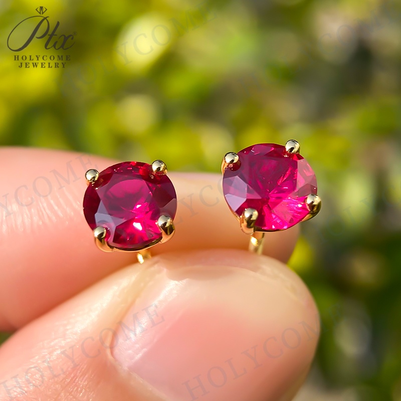 Solitaire Lab Ruby Red Stud Earrings Women 925 Sterling Silver Round Cut Ruby 5.0/6.5mm Parties Engagements Pair Push Back Stud Wedding Gift
