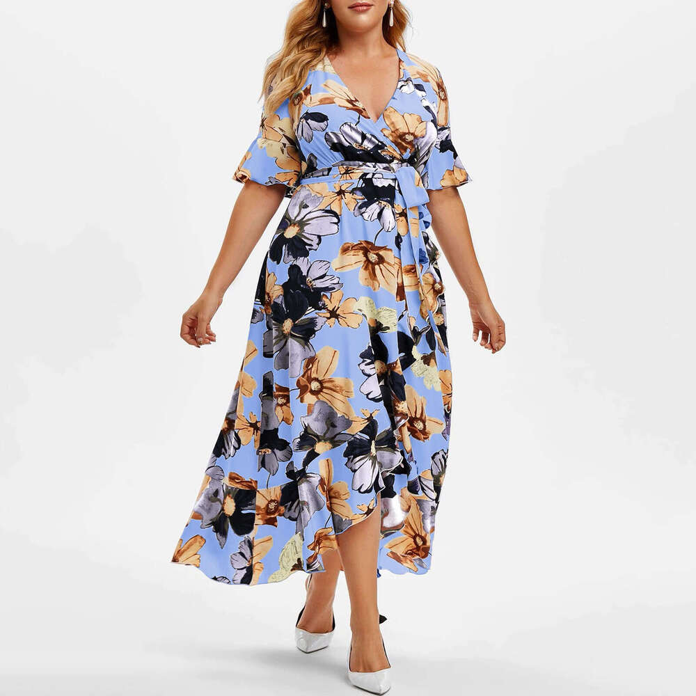 Plus Size Summer Dress Partydress Summer Dresses for Women Luxury Dress Womens Casual Bohemian Printed Irregular Dress Fish Tail Large Skirt Short Sle