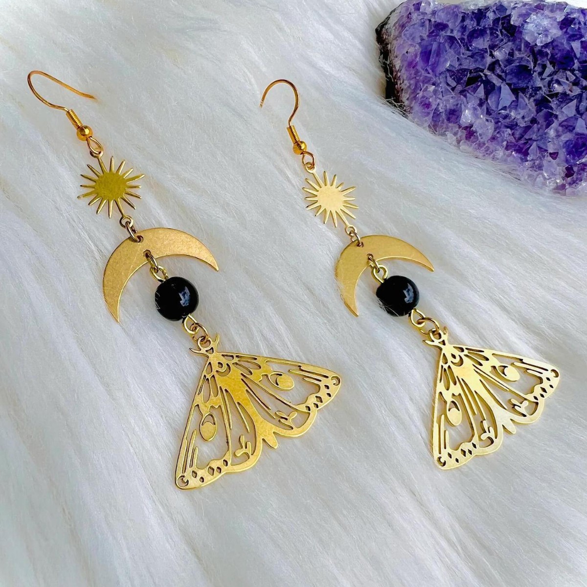 Witchy Inspired Accessories: Artisanal Crescent Pendant and Insect Charm Pairing