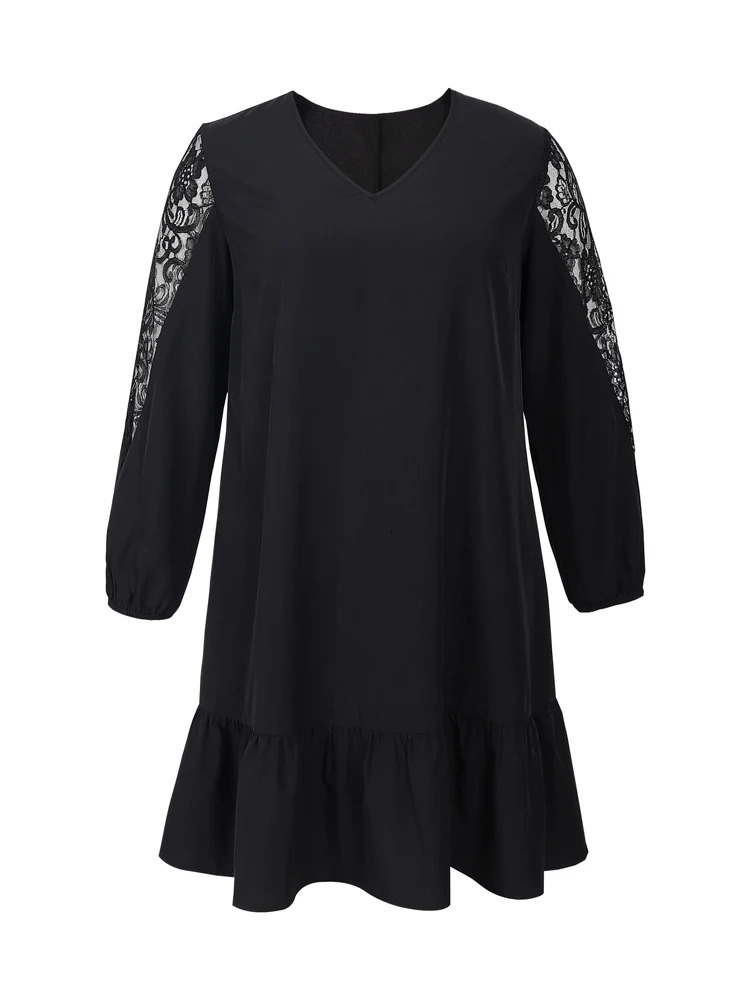 Plus Size Party Dresses 2025 Womens Big Size Fashion Loose Casual V-Neck Dress Polyester Lace Sleeve Polyester Material 250509