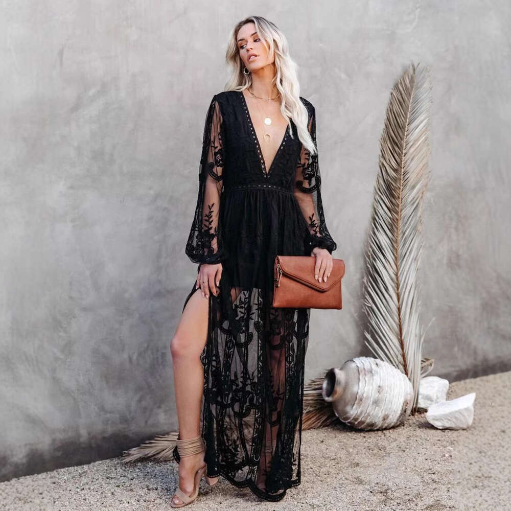 2023 Spring/Summer Women's Lace V-neck Solid Chiffon Summer Dress
