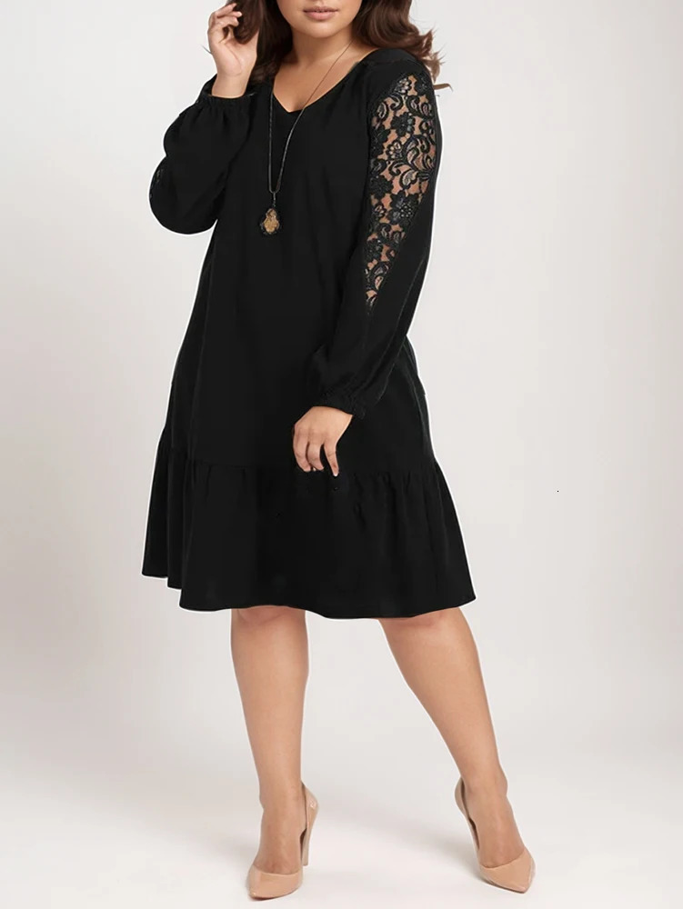 Plus Size Party Dresses 2025 Womens Big Size Fashion Loose Casual V-Neck Dress Polyester Lace Sleeve Polyester Material 250509