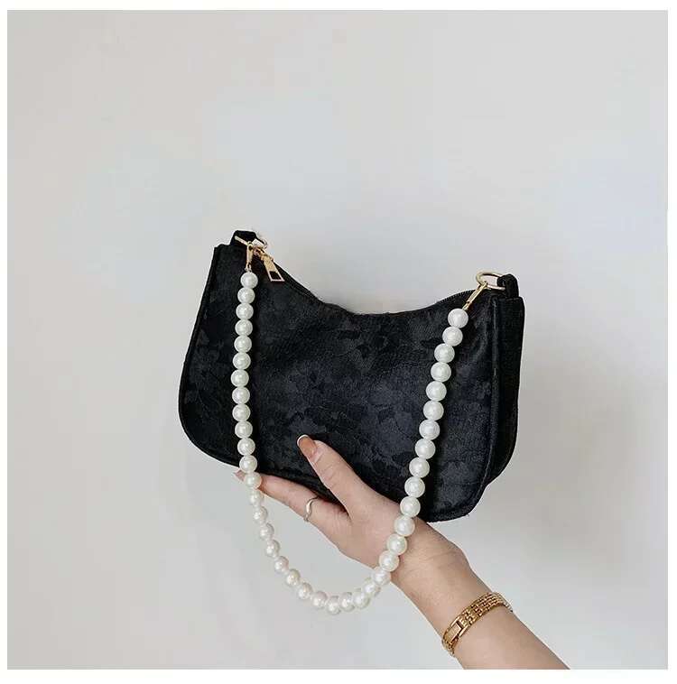 Pleated Womens Minimalist Underarm Retro Pearl Chain Shoulder Crossbody Fashion French Stick Bag