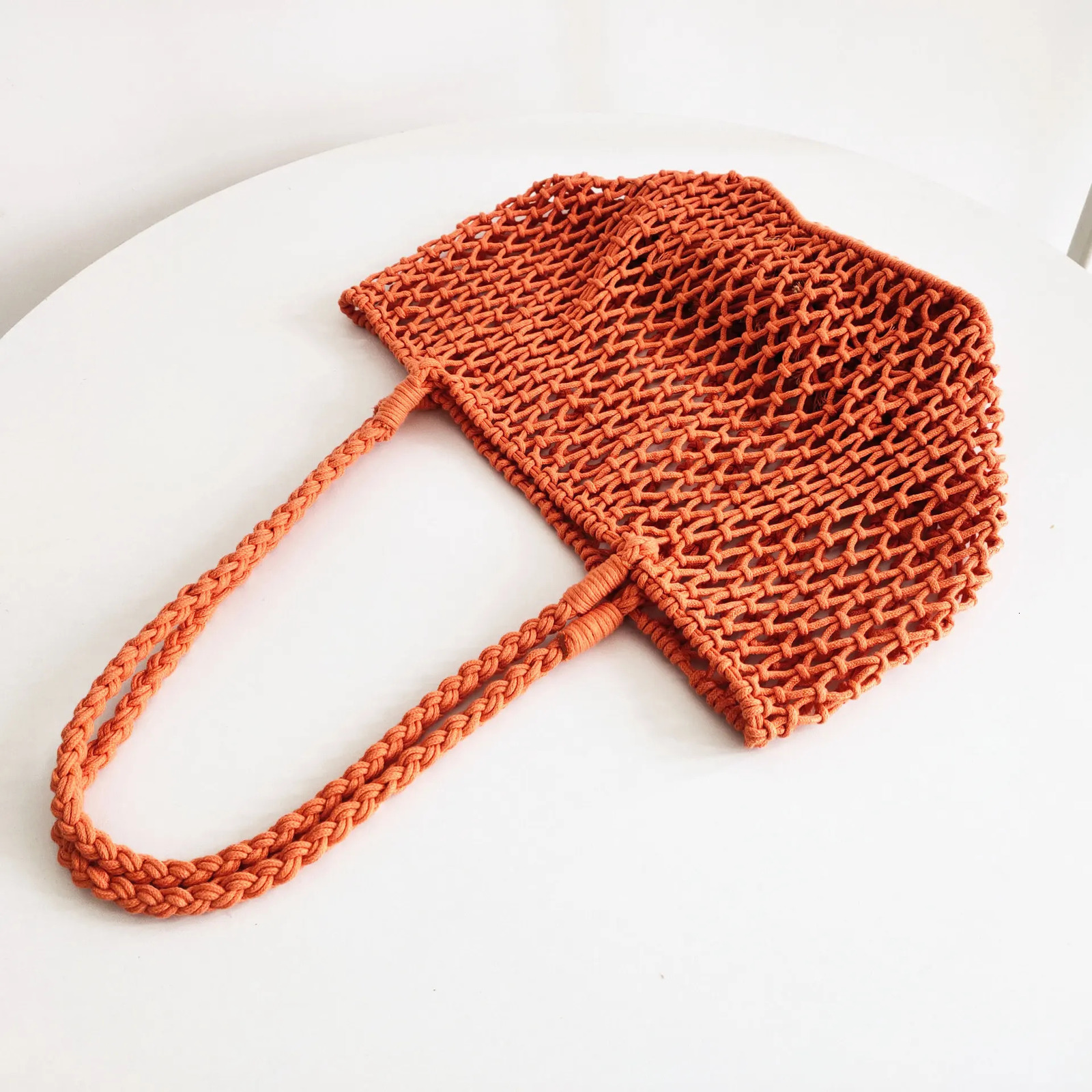 Handmade Woven Bag Hollowed Out Mesh Bag Cotton Rope Single Shoulder Handbag Beach Vacation Leisure Bag 250515