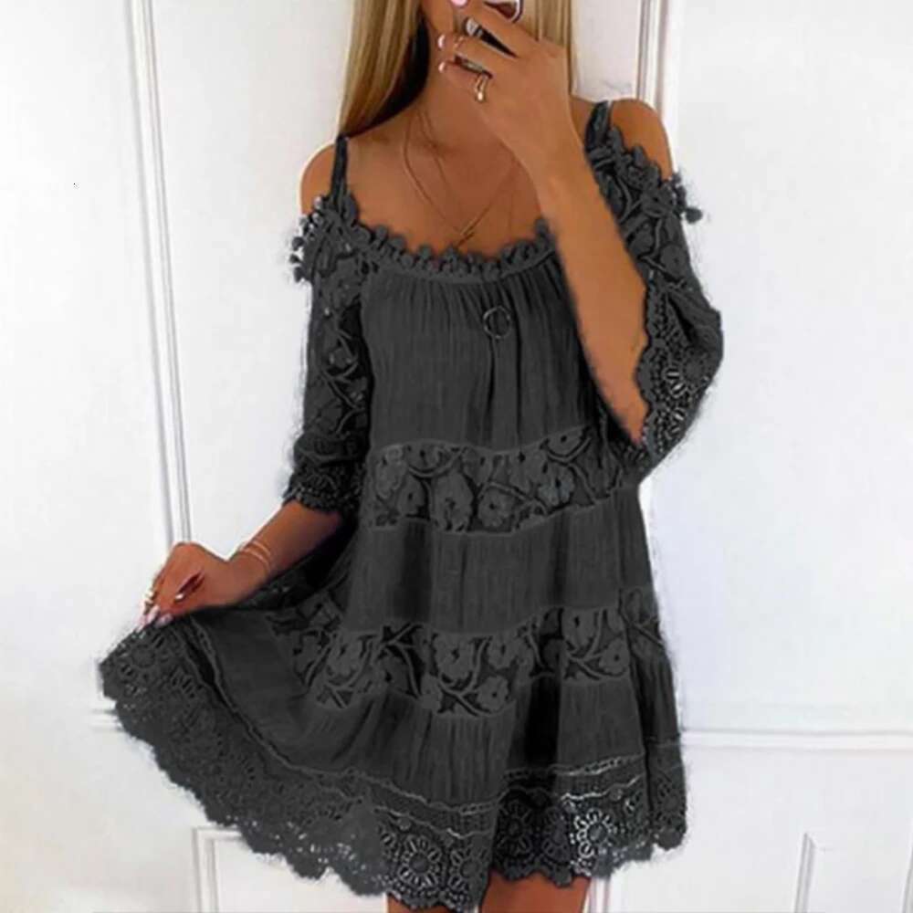 Plus Size Summer for Ladies Solid Color Sling Lace Female Elegant Loose Waist Design Dresses Casual Dress Beach Wear