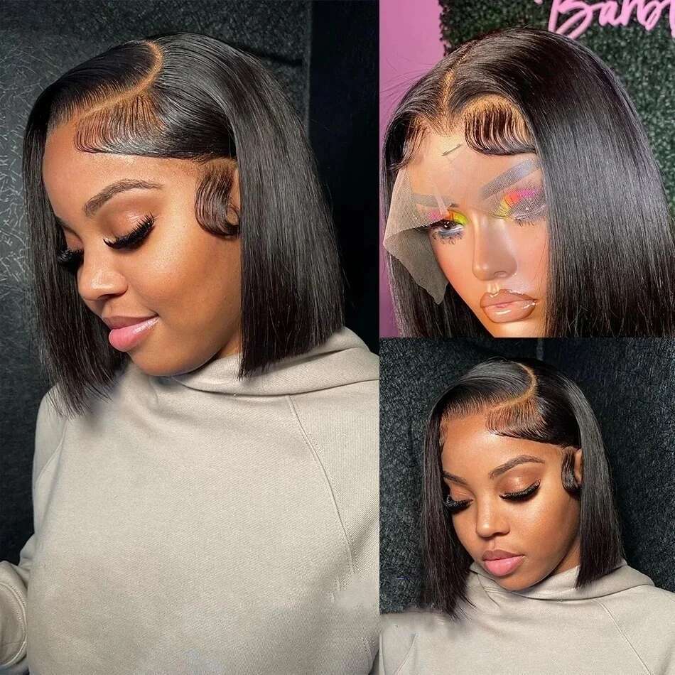 Human 13X4 Front 180% Density Short Straight Frontal Bob Wig Transparent Lace Pre Plucked With Baby Hair