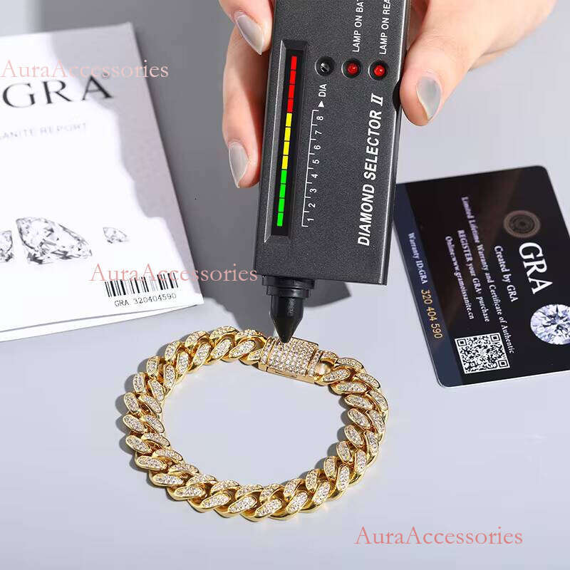 12MM Width Sterling Sier Iced Out VVS Moissanite with GRA Certification Cuban Link Bracelet Hiphop Jewelry for Men Women