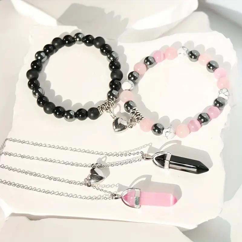 8Pcs Natural Stone Magnet Heart Sun & Moon Lover Bracelet and Necklace