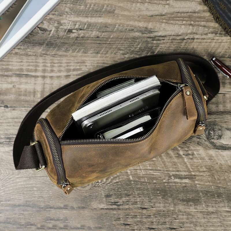 Crazy Horse Leather Men Handbag Designer Vintage Crossbody Small Strap Sling Shoulder Bag Brand Messenger Bags New