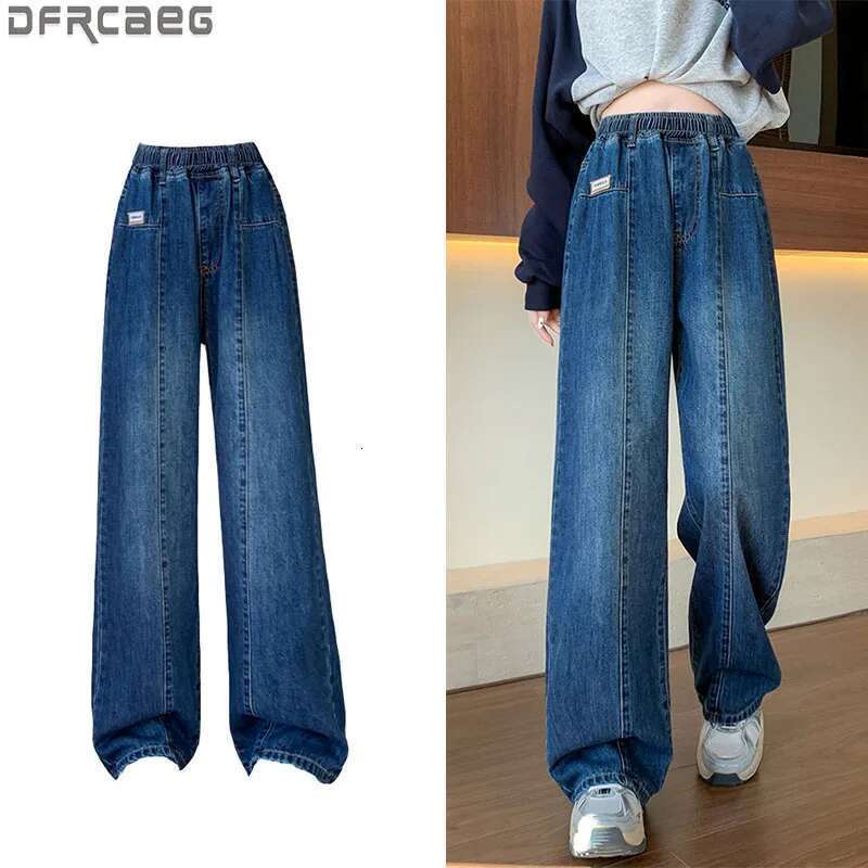 L - 6XL Plus Size Woman High 2025 Spring Elastic Waist Wide Leg Loose Denim Pants Streetwear Blue Color Jeans Women