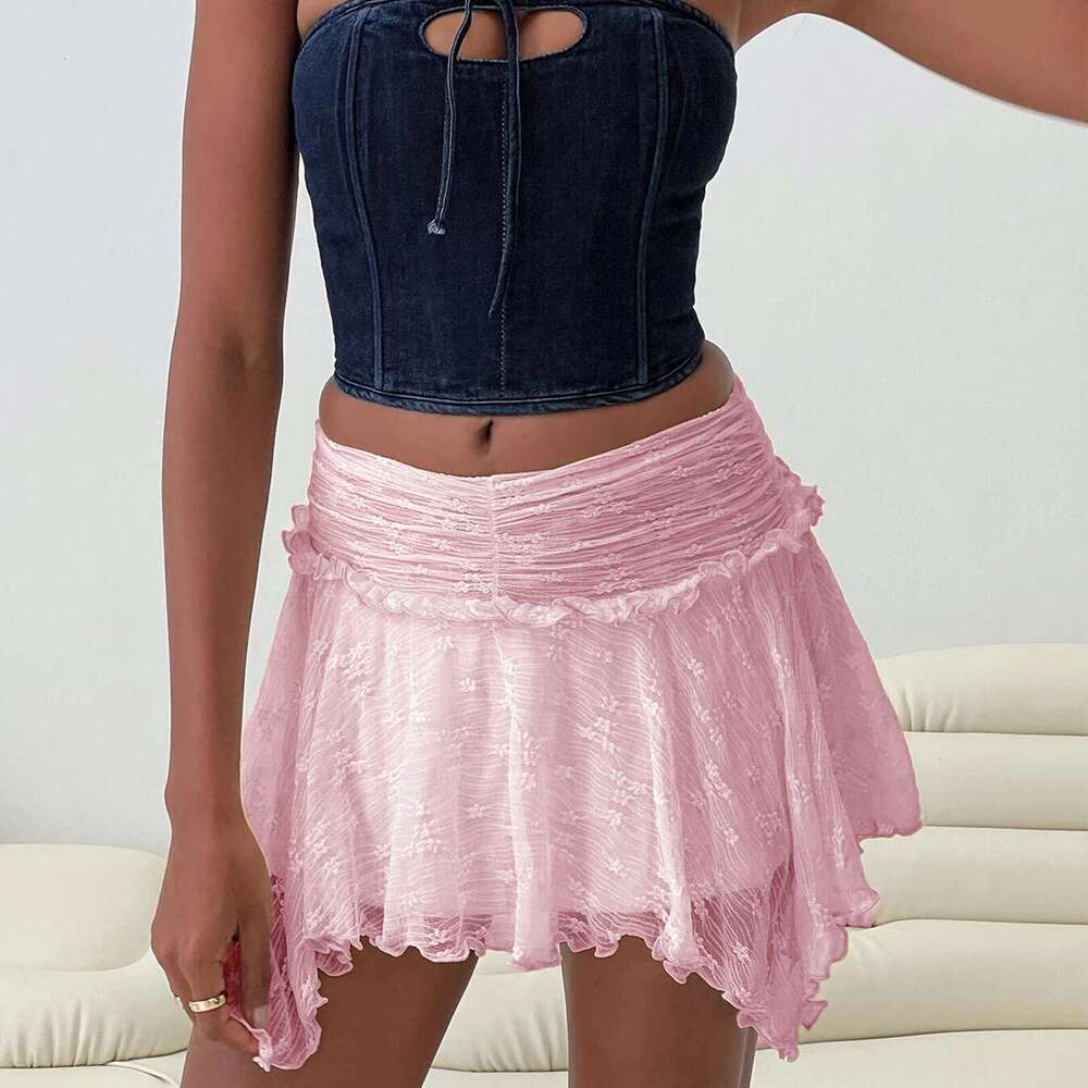 Women's Fashion Asymmetrical Mini Ruched Mid Rise Lace Irregular Hem Short Skirts Streetwear Haruku Aesthetic Clothes