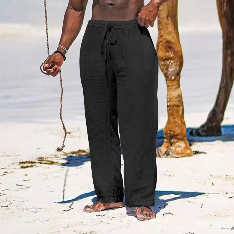 Mens Cotton Linen Pants Casual Loose Straight Lightweight Drawstring Beach Trousers 250515