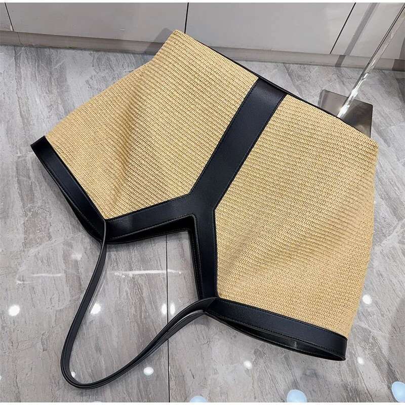 Brand Designer New Y-shaped Straw Tote Large Capacity Shopping Beach Shoulder Underarm Woven Women's Bag