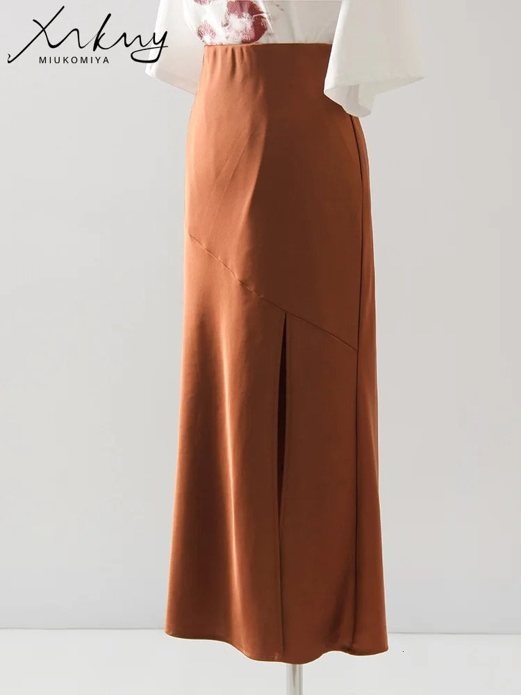 Summer Long Satin Bodycon Skirts For Women Aline Sexy Black Slit Maxi Elastic Wasit Splicing Office Silk Skirt Lady 250515