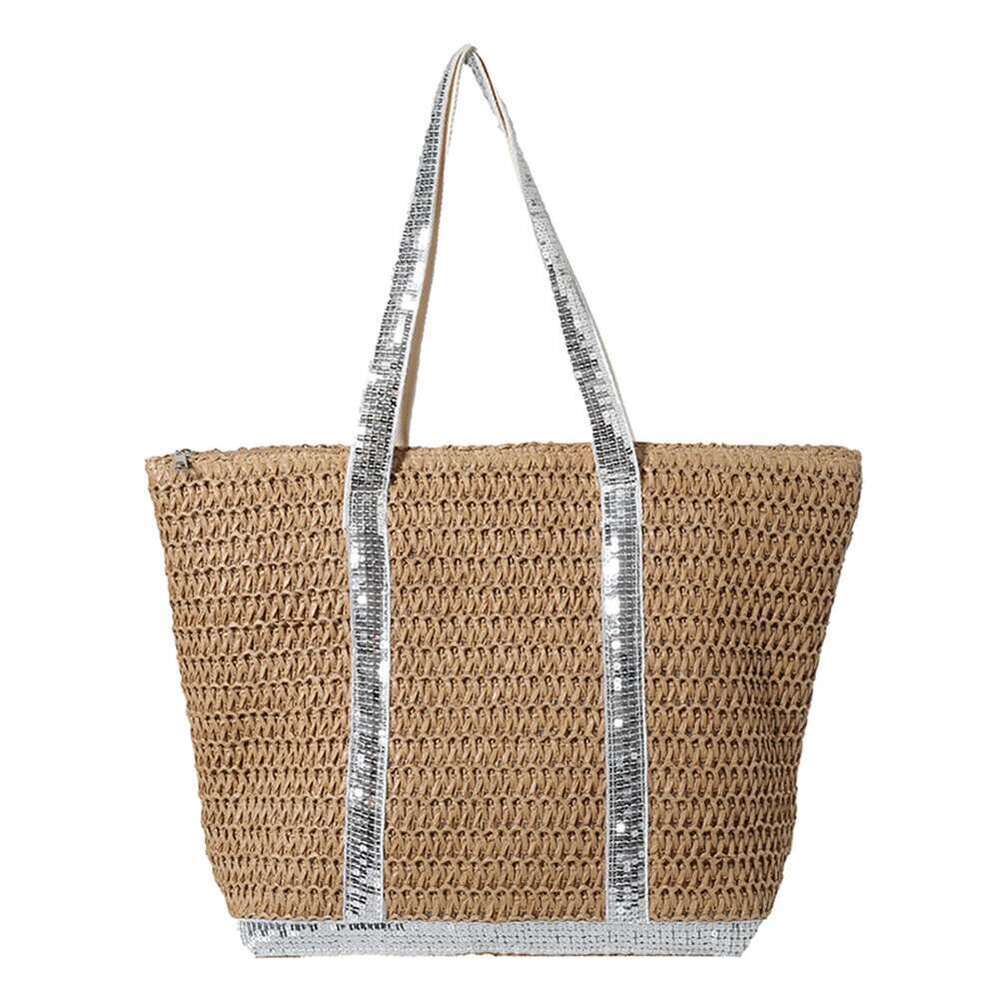 Women Boho Large Capacity Sequins Straw Tote Handbag Contrast Color Simple Shoulder Ladies Summer Daily Bag