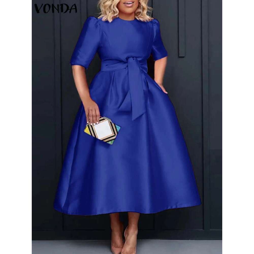 Plus Size Women Stain 2024 Summer Sexy Puff Sleeve Evening Party Dress VONDA Beach Sundres Casual Loose Robe Vestidos
