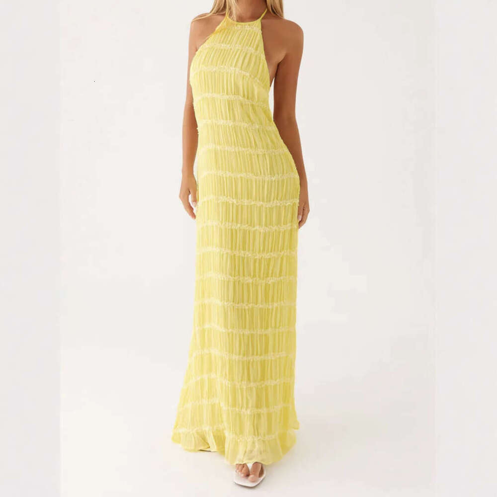 2025 Spring/Summer Women's Sexy and Fashionable Hanging Neck Strap, Folded Lace, Vacation Style, Long Dress