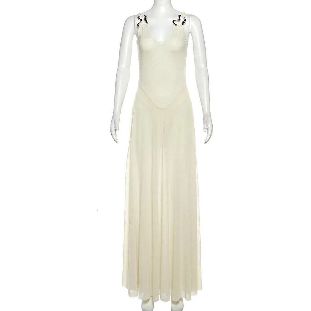 Nibber Holiday Women Dress Mesh Double V-Neck Skinny Metal Buckle Summer Trend Banquet Birthday Elegant Wedding Maxi Bodycon