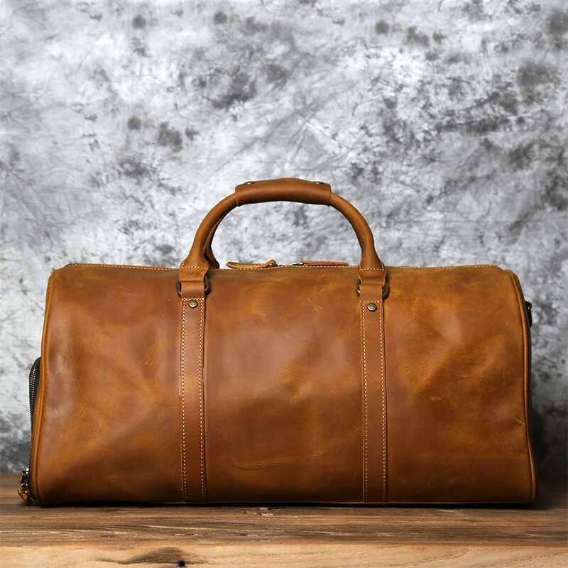 NZPJ Men's Retro Leather First Layer Cowhide Large-Capacity Travel Business Trip Handbag Shoulder Messenger Bag