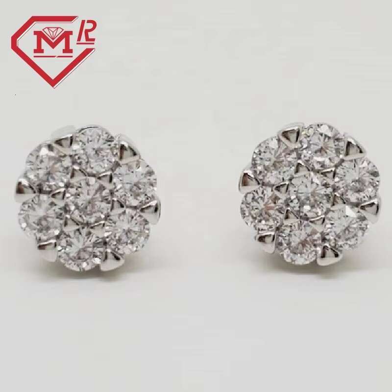 Flower cluster round Moissanite sterling sier screw back hip-hop earrings