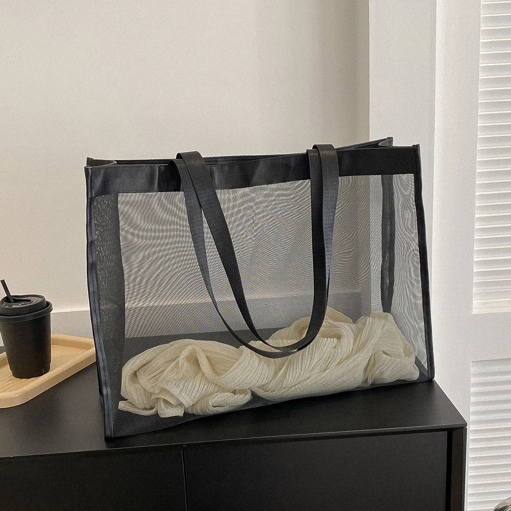 Fashion Shoulder Bag Large Capacity Mesh Shopping Bag Solid Color Top-Handle Handbag Transparent for Summer Vacation Travel 250515